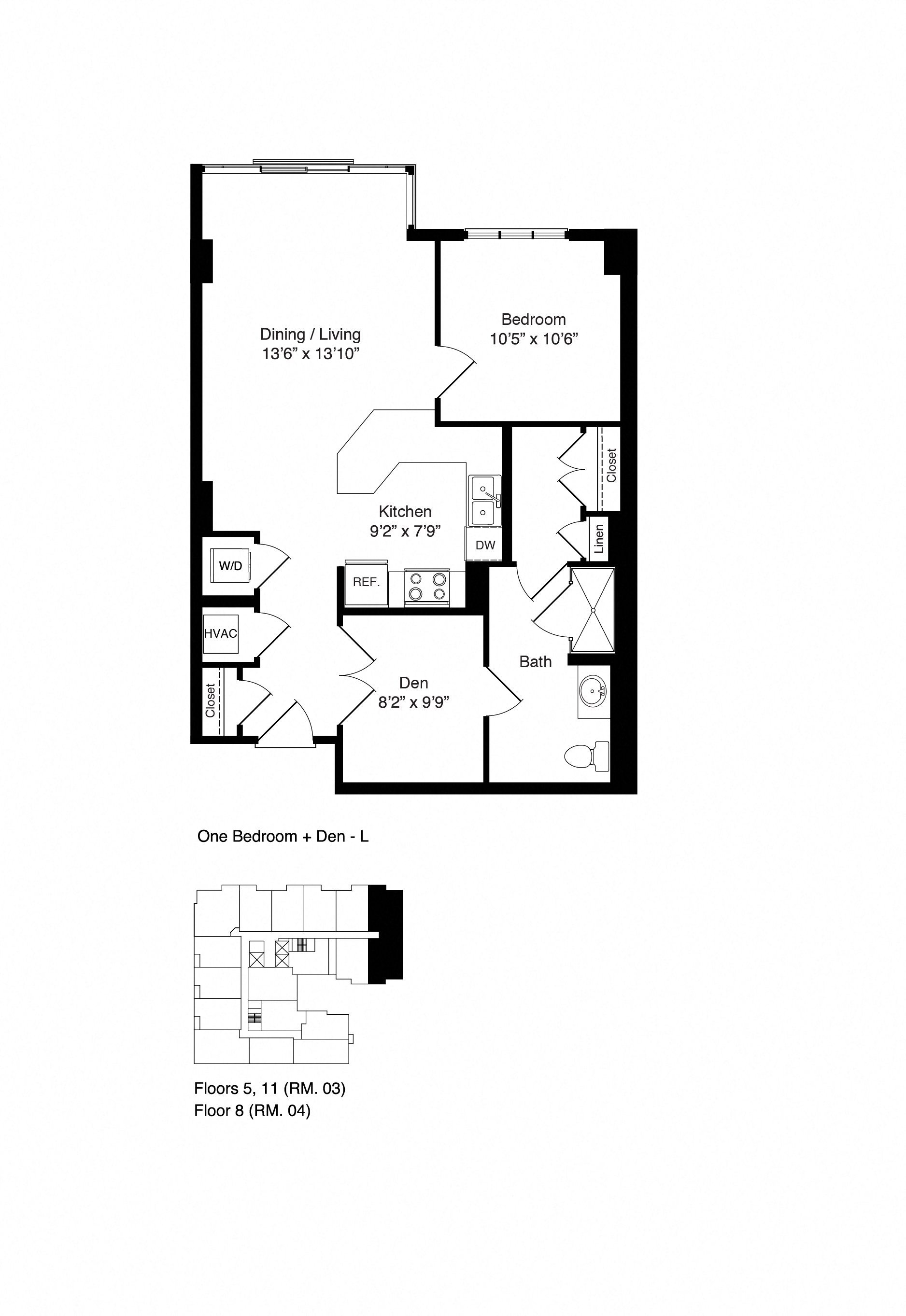 Floor plan for 1 bed, 1 bath, 858 sqft